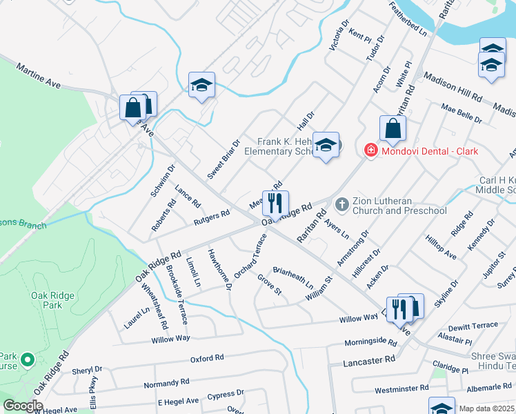 map of restaurants, bars, coffee shops, grocery stores, and more near 17 Meadow Road in Clark