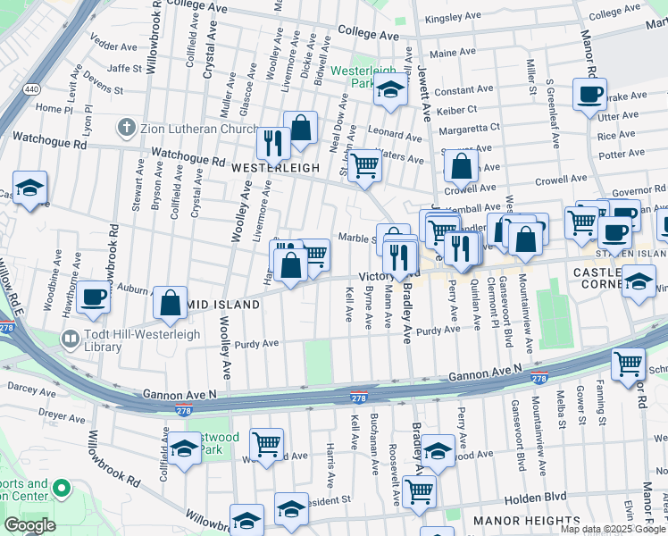 map of restaurants, bars, coffee shops, grocery stores, and more near 439 Ingran Avenue in Staten Island