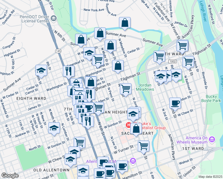 map of restaurants, bars, coffee shops, grocery stores, and more near 631 North Penn Street in Allentown