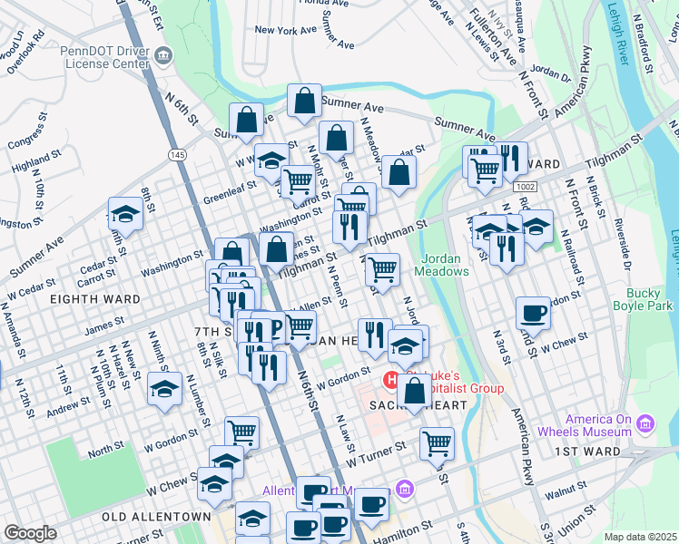 map of restaurants, bars, coffee shops, grocery stores, and more near 631 North Penn Street in Allentown