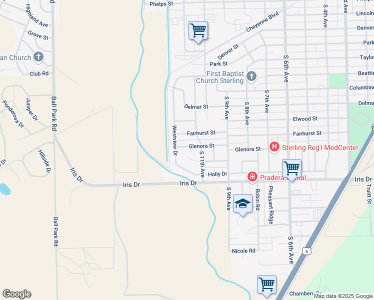map of restaurants, bars, coffee shops, grocery stores, and more near 1121 Glenora Street in Sterling