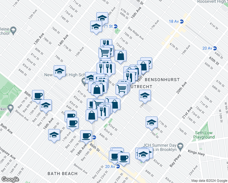 map of restaurants, bars, coffee shops, grocery stores, and more near 1737 78th Street in Brooklyn