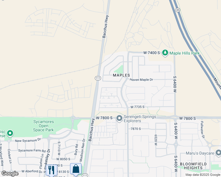 map of restaurants, bars, coffee shops, grocery stores, and more near 6787 Grevillea Lane in West Jordan