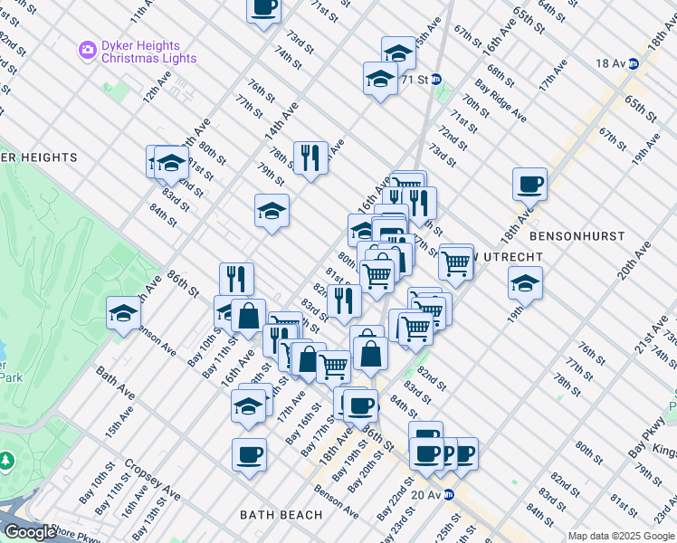 map of restaurants, bars, coffee shops, grocery stores, and more near 1616 81st Street in Brooklyn