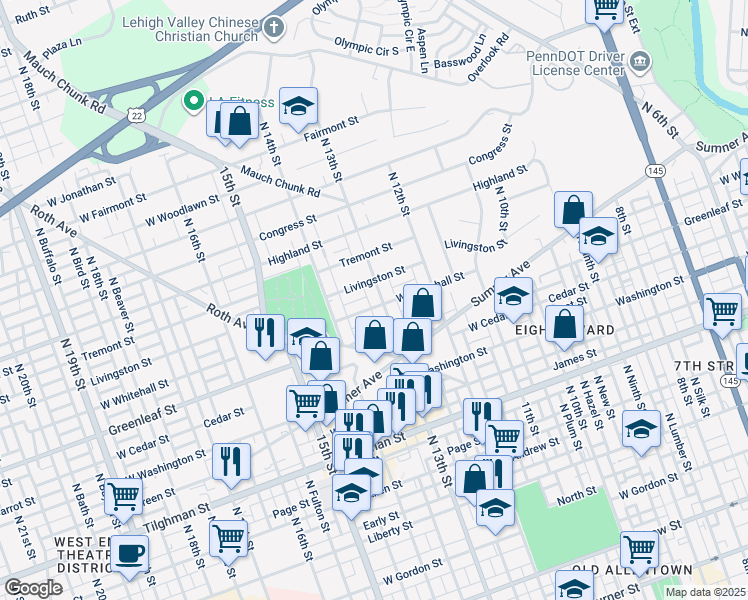 map of restaurants, bars, coffee shops, grocery stores, and more near 928 North 13th Street in Allentown