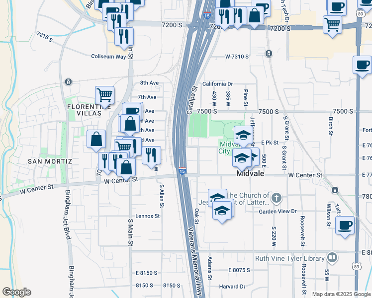 map of restaurants, bars, coffee shops, grocery stores, and more near 501 North Catalpa Road in Midvale
