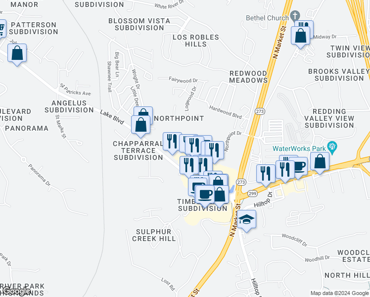 map of restaurants, bars, coffee shops, grocery stores, and more near 4275 Baywood Drive in Redding