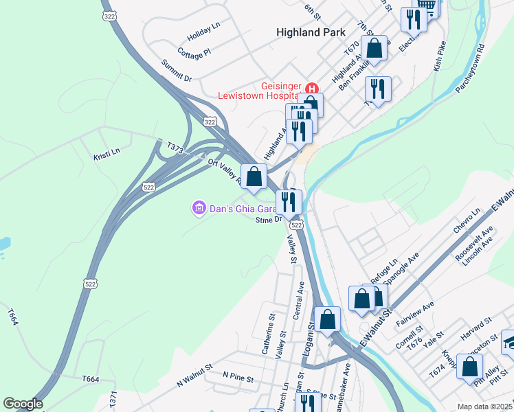 map of restaurants, bars, coffee shops, grocery stores, and more near 14 Ort Valley Road in Lewistown
