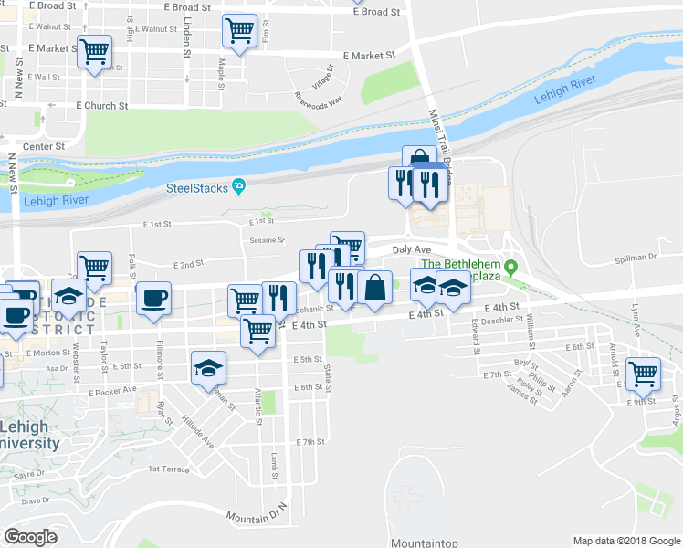 map of restaurants, bars, coffee shops, grocery stores, and more near 1041 East 3rd Street in Bethlehem