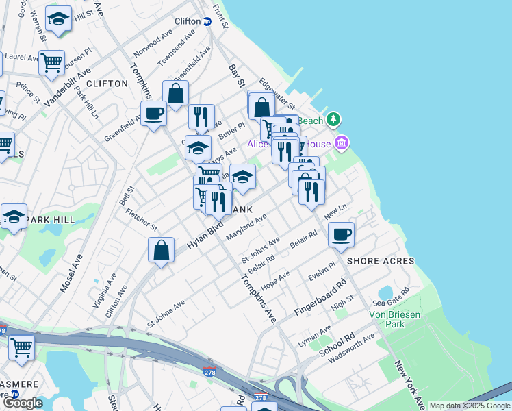 map of restaurants, bars, coffee shops, grocery stores, and more near 192 Hylan Boulevard in Staten Island