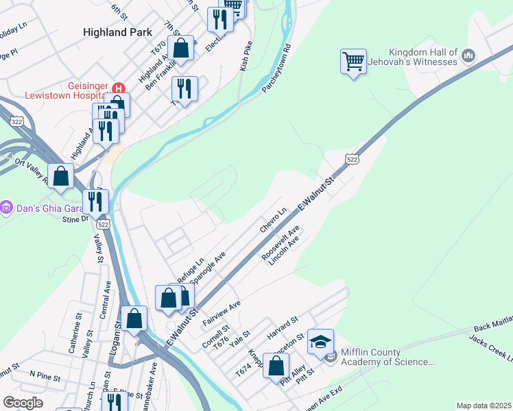 map of restaurants, bars, coffee shops, grocery stores, and more near 15 Hummingbird Lane in Lewistown