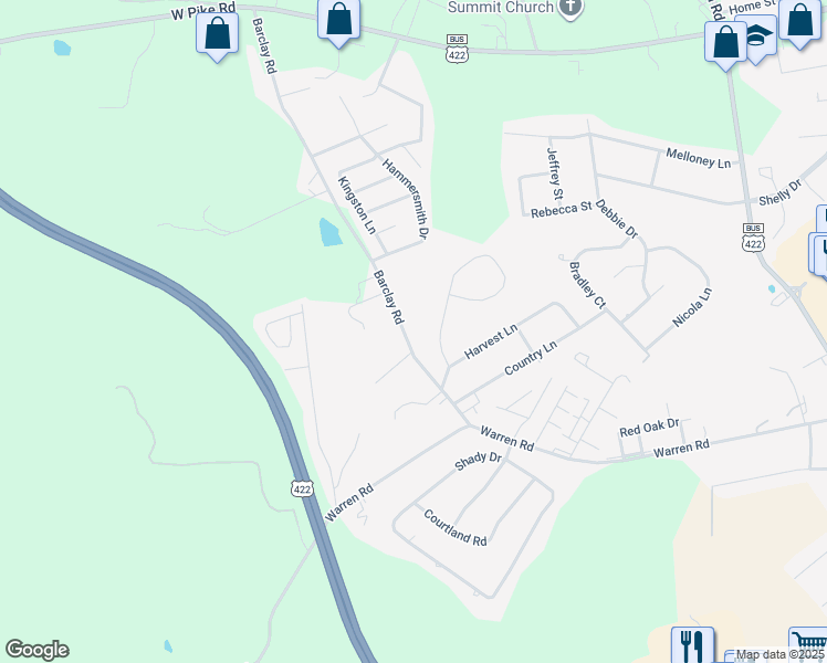 map of restaurants, bars, coffee shops, grocery stores, and more near 981 Barclay Road in Indiana