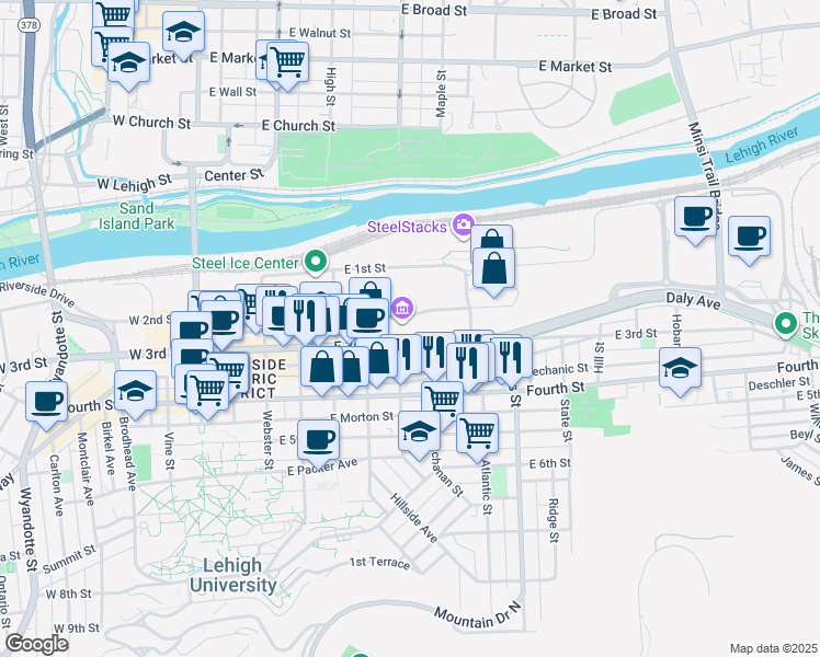 map of restaurants, bars, coffee shops, grocery stores, and more near 602 East 2nd Street in Bethlehem