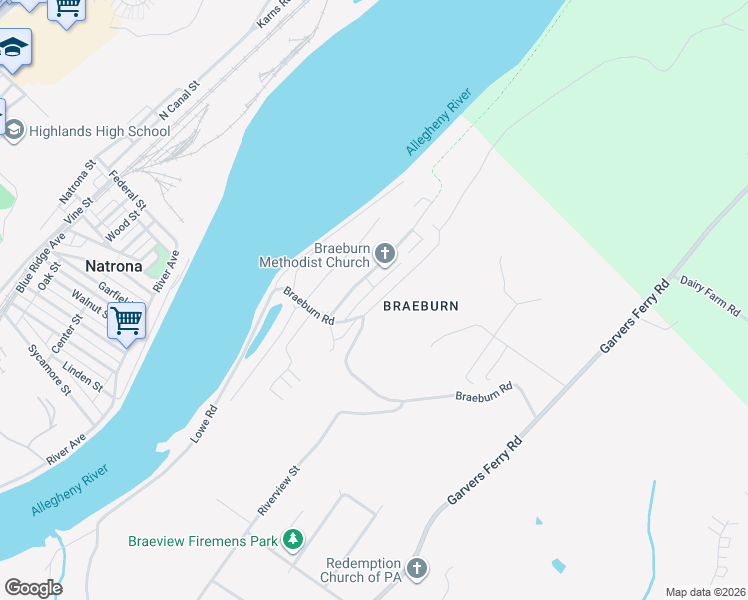 map of restaurants, bars, coffee shops, grocery stores, and more near 4105 Wildcat Road in New Kensington