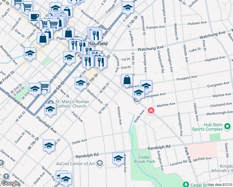 map of restaurants, bars, coffee shops, grocery stores, and more near 163 West 9th Street in Plainfield