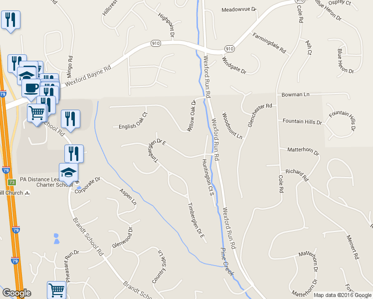map of restaurants, bars, coffee shops, grocery stores, and more near 2624 Timberglen Drive East in Wexford