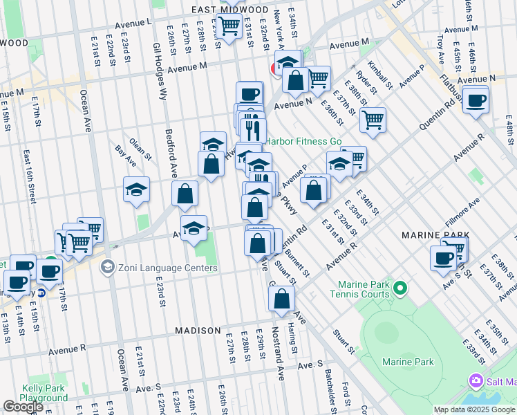 map of restaurants, bars, coffee shops, grocery stores, and more near Nostrand Avenue & Avenue P in Brooklyn