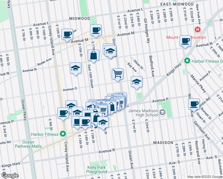 map of restaurants, bars, coffee shops, grocery stores, and more near 1534 East 19th Street in Brooklyn