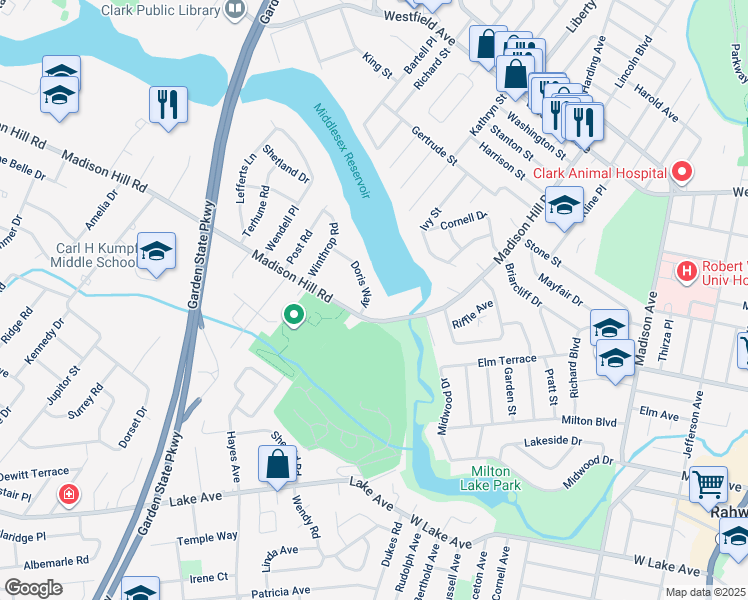 map of restaurants, bars, coffee shops, grocery stores, and more near 17 Doris Way in Clark