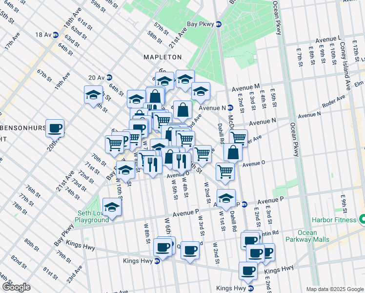 map of restaurants, bars, coffee shops, grocery stores, and more near 2312 64th Street in Brooklyn