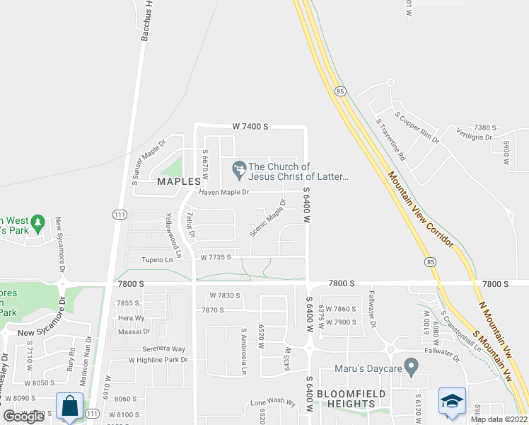 map of restaurants, bars, coffee shops, grocery stores, and more near Thistle Ridge Cove in West Jordan