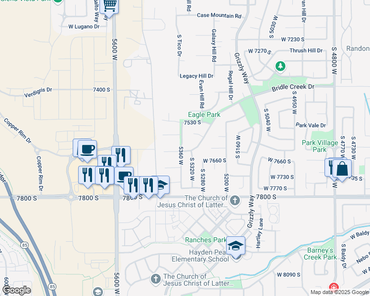 map of restaurants, bars, coffee shops, grocery stores, and more near 5356 Bridle Creek Drive in West Jordan