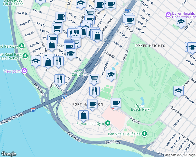 map of restaurants, bars, coffee shops, grocery stores, and more near 291 Battery Avenue in Brooklyn