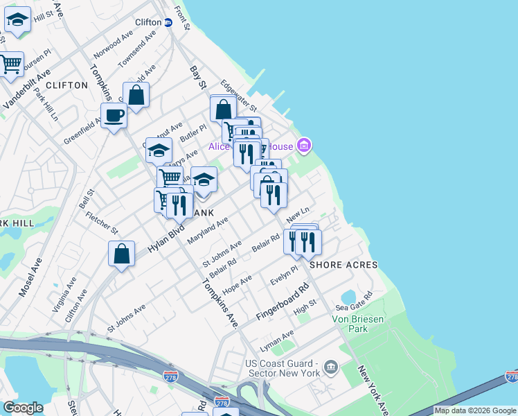 map of restaurants, bars, coffee shops, grocery stores, and more near 1256 Bay Street in Staten Island