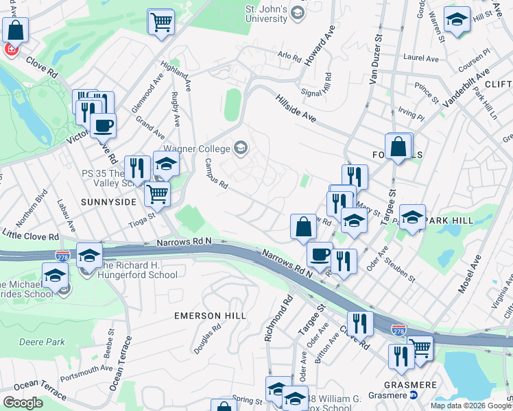map of restaurants, bars, coffee shops, grocery stores, and more near 6 Inwood Road in Staten Island
