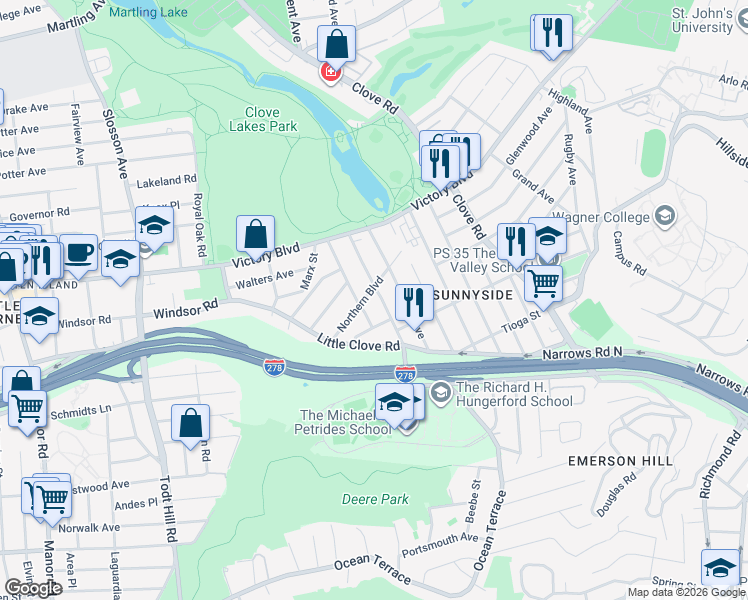 map of restaurants, bars, coffee shops, grocery stores, and more near 2 Dobbs Place in Staten Island