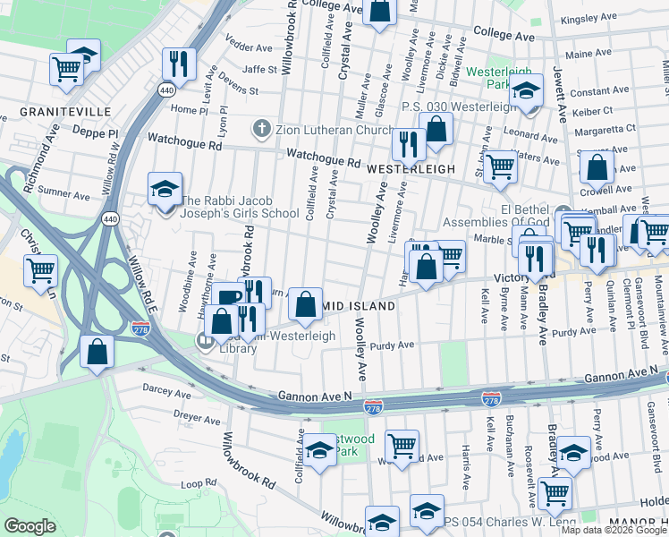 map of restaurants, bars, coffee shops, grocery stores, and more near 22 Fillat Street in Staten Island