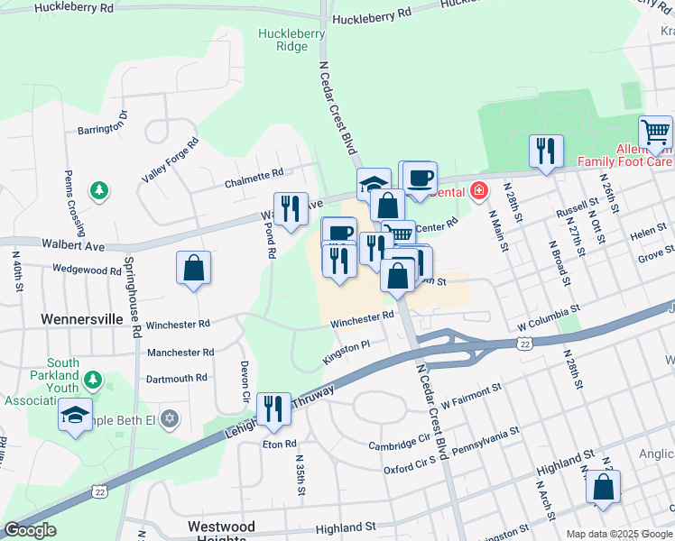map of restaurants, bars, coffee shops, grocery stores, and more near 1600 North Cedar Crest Boulevard in Allentown