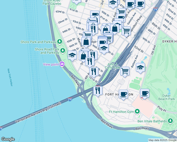 map of restaurants, bars, coffee shops, grocery stores, and more near 10008 4th Avenue in Brooklyn