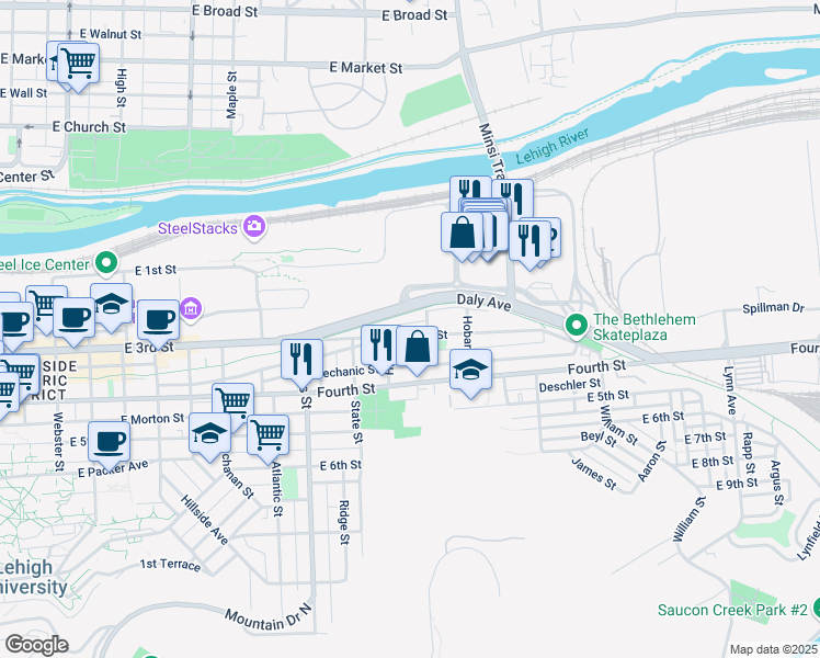 map of restaurants, bars, coffee shops, grocery stores, and more near 1134 East 3rd Street in Bethlehem