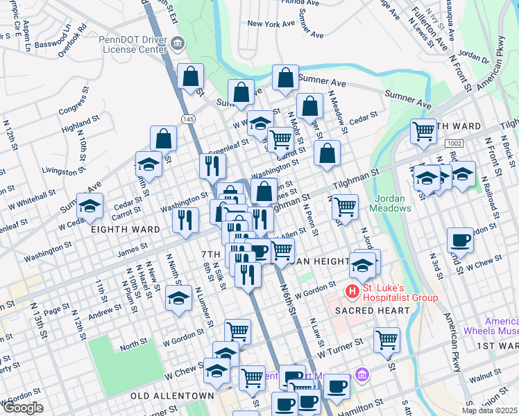 map of restaurants, bars, coffee shops, grocery stores, and more near 707 North 6th Street in Allentown