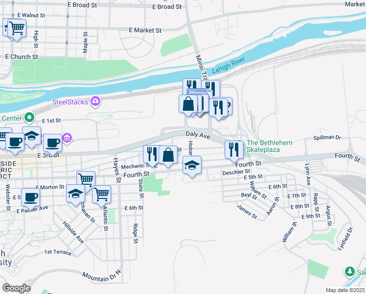 map of restaurants, bars, coffee shops, grocery stores, and more near 300 Hobart Street in Bethlehem