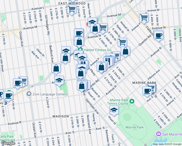 map of restaurants, bars, coffee shops, grocery stores, and more near 1640 Marine Parkway in Brooklyn