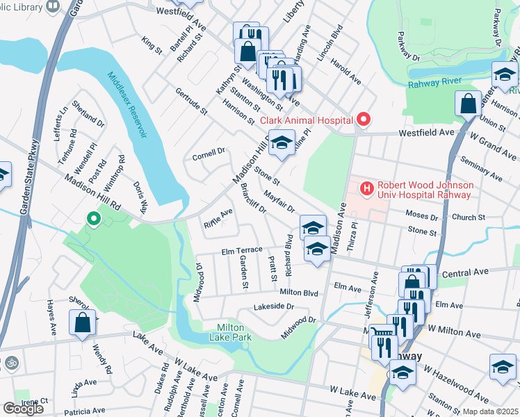 map of restaurants, bars, coffee shops, grocery stores, and more near 1190 Briarcliff Drive in Rahway