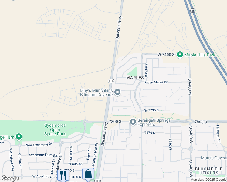 map of restaurants, bars, coffee shops, grocery stores, and more near 7608 Calendula Lane in West Jordan
