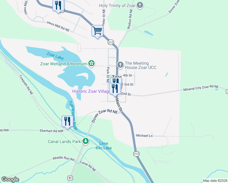 map of restaurants, bars, coffee shops, grocery stores, and more near 198 Main Street in Zoar