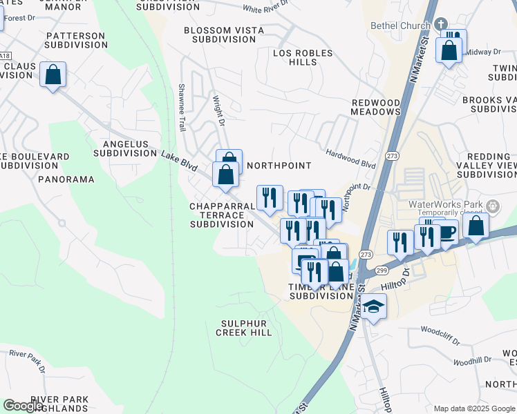 map of restaurants, bars, coffee shops, grocery stores, and more near 351 Lake Boulevard in Redding