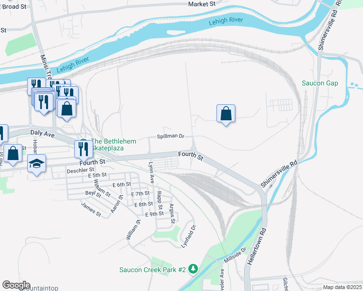 map of restaurants, bars, coffee shops, grocery stores, and more near 1720 Spillman Drive in Bethlehem