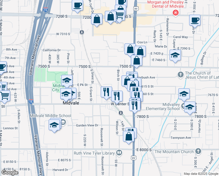map of restaurants, bars, coffee shops, grocery stores, and more near 7646 85 West in Midvale