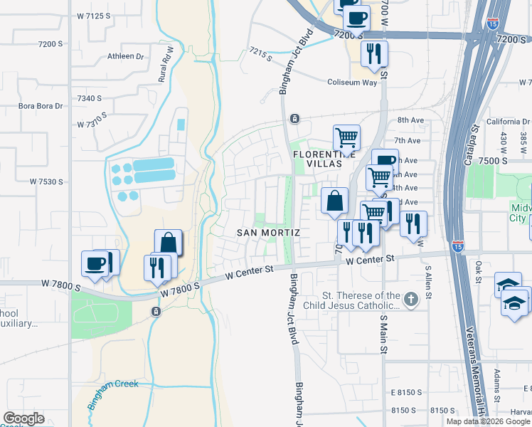 map of restaurants, bars, coffee shops, grocery stores, and more near 7596 Euro Drive in Midvale