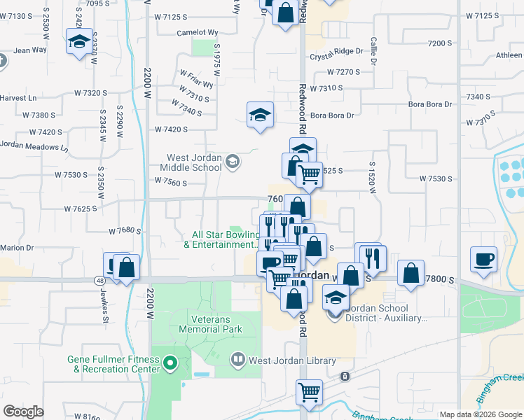 map of restaurants, bars, coffee shops, grocery stores, and more near 1801 7600 South in West Jordan