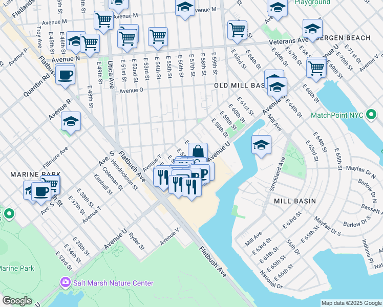 map of restaurants, bars, coffee shops, grocery stores, and more near 2054 East 56th Street in Brooklyn
