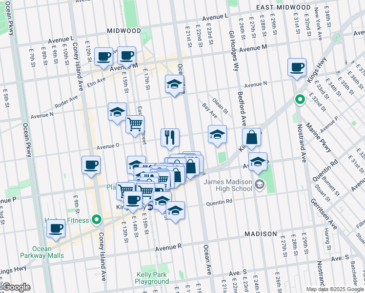 map of restaurants, bars, coffee shops, grocery stores, and more near 2010 Ocean Avenue in Brooklyn
