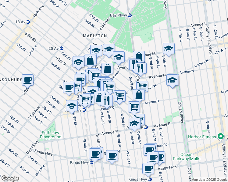 map of restaurants, bars, coffee shops, grocery stores, and more near 2351 64th Street in Brooklyn