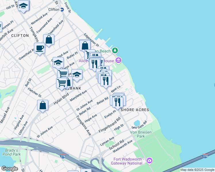 map of restaurants, bars, coffee shops, grocery stores, and more near 21 New Lane in Staten Island