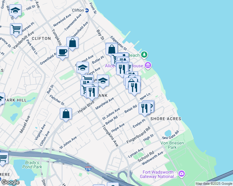 map of restaurants, bars, coffee shops, grocery stores, and more near 156 Maryland Avenue in Staten Island